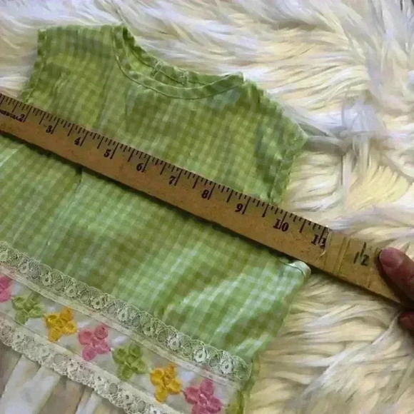 VTG Easter? Peplum Top? Dress? Plaid Green White Pink PTP 11" size 2+ - Picture 3 of 7